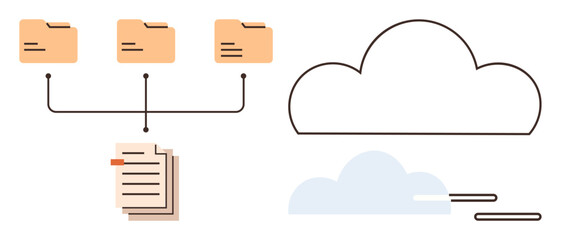 Data storage, digital organization, cloud computing, file management, information sharing, network technology. Cloud connected to folders and documents. Data storage and digital organization concept © robu_s