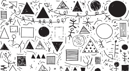 Fototapeta premium Hand-Drawn Black Geometric Doodles and Tribal Symbols on White Background