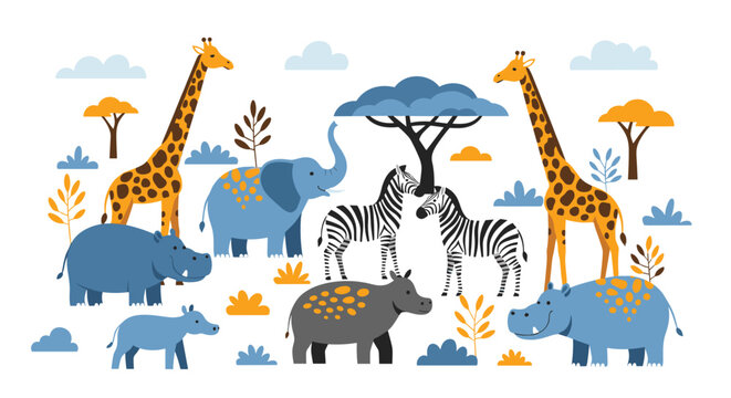Group of various savannah animals including giraffes an elephant a zebra and hippos among colorful trees and bushes in the wild.