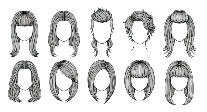 Set of different male and female hair styles with intricate black line art textures for beauty and hair salon design concepts.
