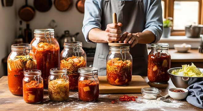 Person Preparing Homemade Fermented Kimchi in Glass Jars in Kitchen