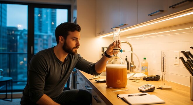 Young man checking the fermentation process of craft beer in home kitchen