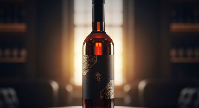 Premium wine bottle illuminated by warm backlight in luxury bar setting, ideal for elegant beverage advertising.