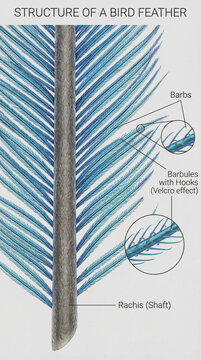 3d biology infographic showing bird feather structure with rachis barbs barbules hooks for zoology education museum exhibits textbook publishing biomimicry research communication macro visuals