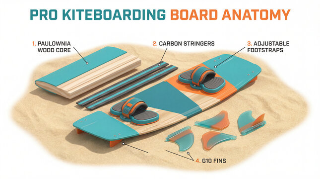 Kiteboarding board anatomy infographic showing wood core carbon stringers footstraps fins in watersport equipment design concept for product marketing poster presentation visual reference