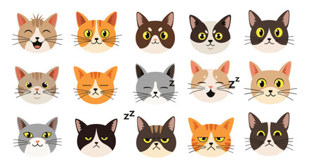 Fototapeta premium Diverse collection of cute cat head illustrations showcasing various breeds and facial expressions like happy, angry, and surprised.