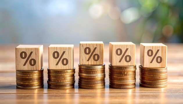 Wooden blocks with percent symbols on stacked coins, illustrating rate adjustments, savings returns, and credit markets.