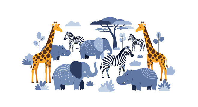 Peaceful illustration of wild savannah animals like giraffes, elephants, zebras, and hippos gathered around a tree under a blue sky.