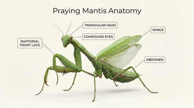 Praying mantis anatomy infographic showing triangular head compound eyes raptorial front legs wings abdomen in realistic educational illustration for biology lessons insect morphology study