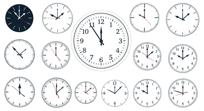 Collection of wall clock faces displaying various times through different hand positions and dial styles in a clean graphic design.