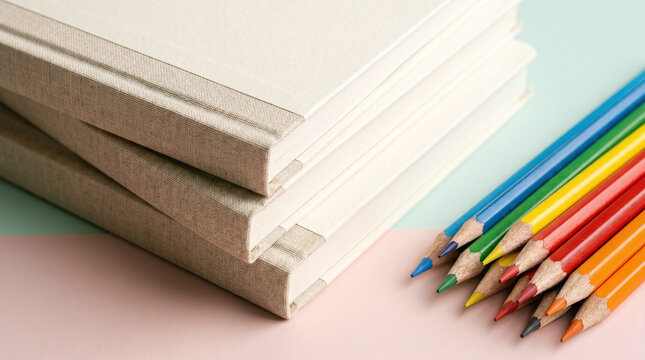 Minimalist linen bound notebooks with rainbow colored pencils on pastel background, education and creativity concept macro
