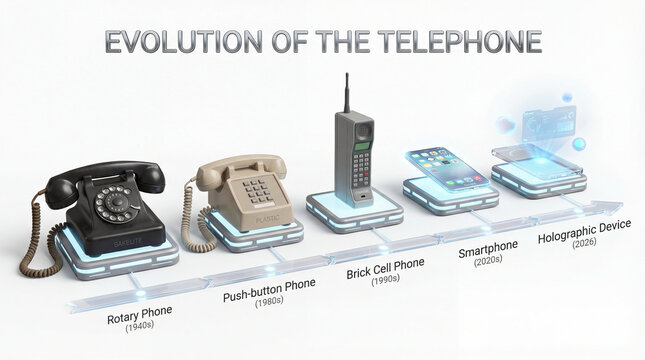 Telephone evolution timeline showing rotary phone push button brick mobile smartphone holographic device in communication history concept for classroom poster visual reference communication design