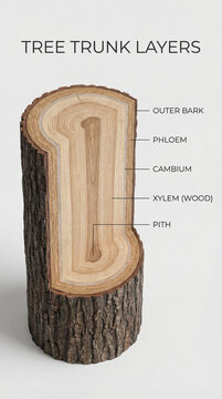 Tree trunk layers botanical infographic showing outer bark phloem cambium xylem wood pith cross section concept for forestry education natural science poster classroom teaching display