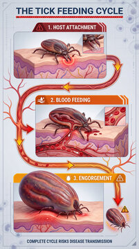 Tick feeding cycle diagram showing host attachment blood feeding engorgement disease transmission in vector borne health education concept poster design visual reference medical infographic