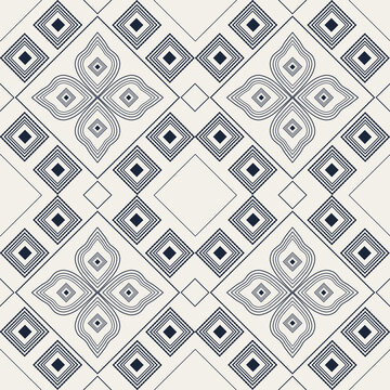 Elegant Navy Blue and Beige Geometric Seamless Pattern, Modern Thai Diamond Flower Ornament, Minimalist Ethnic Line Art Vector for Textile, Wallpaper, Fabric Print, and Luxury Background Design