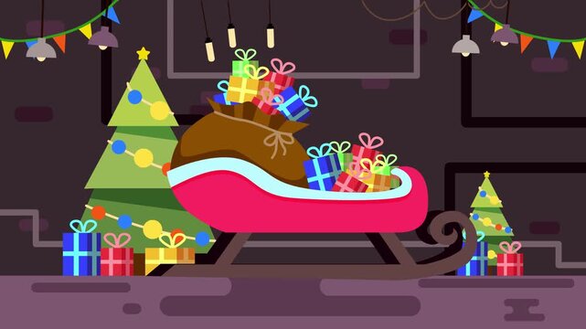 Animated festive christmas scene depicting gifts trees and santa's sleigh in cartoon style