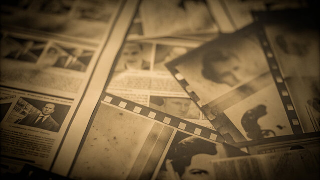 Chaotic montage of vintage newspaper clippings concept. Vintage photographs and articles spread across a weathered table.