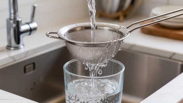 Close-up of fresh water being poured through a stainless steel mesh strainer into a glass. Concept of home water filtration, manual purification, and healthy kitchen habits