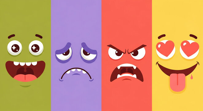 Vibrant emoticon faces display various emotions with tongues out