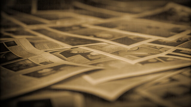 Chaotic montage of vintage newspaper clippings concept. Vintage photographs stacked in a nostalgic sepia tone.