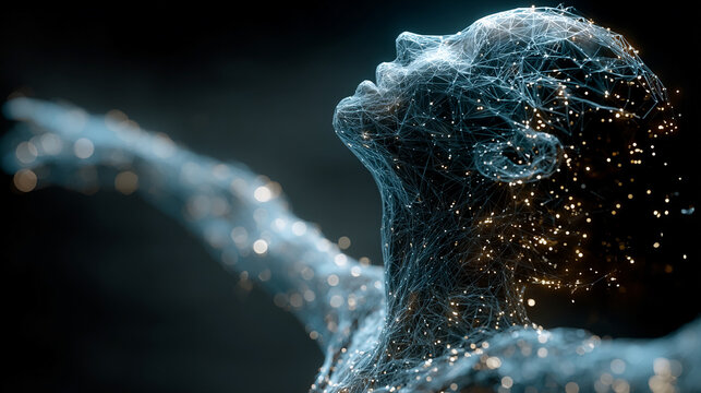 Human silhouette formed by glowing stardust particles reaches upward towards the dark sky in a celestial display of freedom and limitless potential for personal growth and spiritual evolution.