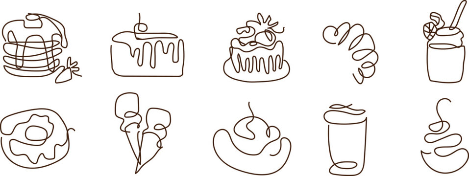 Set of hand drawn dessert icons made with a continuous single line style featuring pancakes cake donut ice cream and sweet drinks for menu design