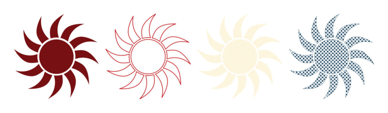 Stylized sun icon set, four vibrant sun symbols, abstract solar graphic elements, modern weather and energy vector collection for branding and web design
