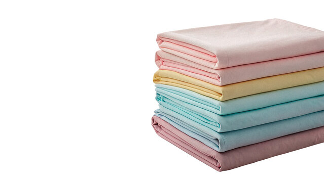 Stack of folded colorful fabric towels or linens for home interior organization and laundry service isolated on transparent background cut out