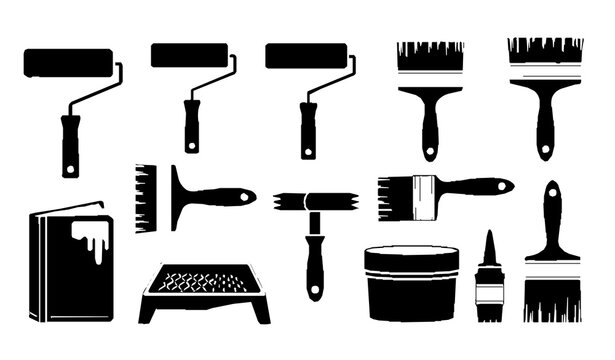 Minimal Silhouette Paint Roller and Wall Painting Tools Vector Icon Collection for Construction Design