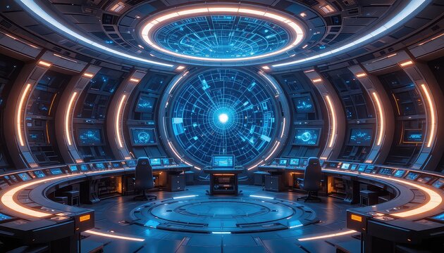 Interstellar navigation room with a giant star map hologram, circular control stations, glowing neon lines