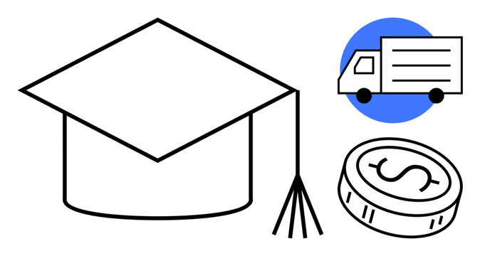 Education, logistics, e-commerce, financial growth, career goals, planning. A graduation cap, a dollar coin and a delivery truck icon with blue accent. Education and logistics as key focal points
