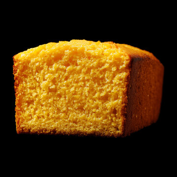 A slice of cornbread isolated on a black backdrop with clipping path, conveying a concept of homemade comfort food
