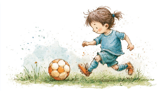 外遊びの時間にサッカーボールとたわむれる男の子を描いた、ほのぼのとしたイラスト作品、幼児期の運動や遊び、日々の成長をやさしく表現した明るい屋外シーンのビジュアル、教育素材、児童向け、習い事、成長記録、水彩イラスト、手描き、子ども、男の子、サッカー、ボール遊び、スポーツ、屋外、自然、公園、運動、元気、笑顔、幼児、成長、日常、人物、キッズ、遊び、背景、挿絵、絵本風、広告、ブログ、ストック素材、商用利用