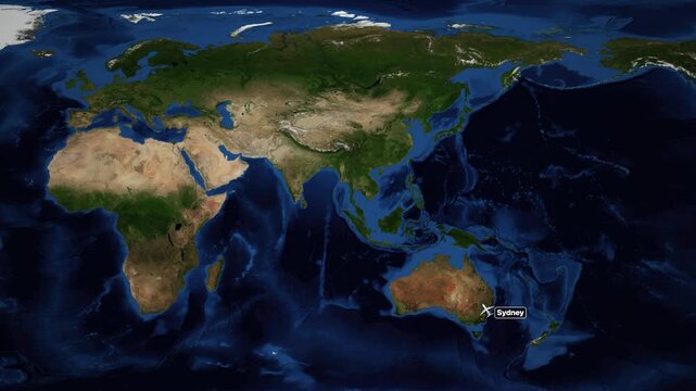 Animated World Map Showing Airplane Flight Route from Sydney to Copenhagen