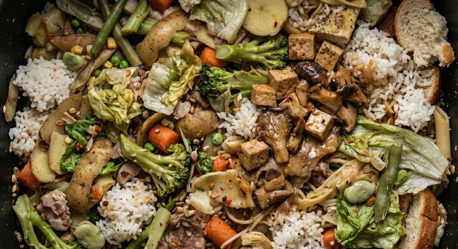A chaotic yet appetizing overhead view of a mixed dish featuring rice pasta tofu vegetables and bread creating a textured and colorful food composition