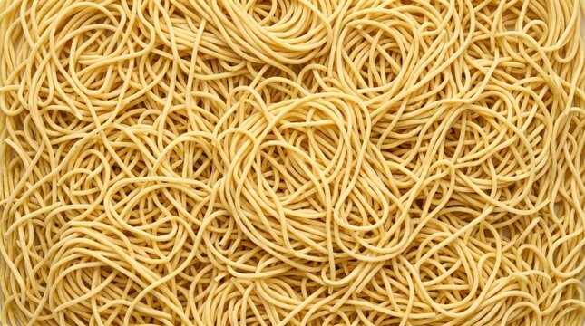 Overhead view of a tangled pile of uncooked yellow egg noodles forming a chaotic yet appealing texture food and culinary concepts
