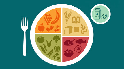 Healthy Eating Plate with Food Group Icons and Dairy © GraphWorks