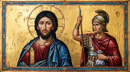 Fototapeta premium Gilded vintage masterpiece captures the timeless biblical betrayal of Christ.