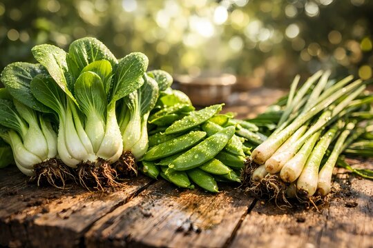 Fresh green bok choy, snap peas, and spring onions on wood. High resolution picture perfect for commercial marketing, editorial content, packaging, and modern website design layouts.