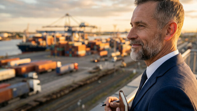 Successful Businessman Overlooking Busy Container Port at Sunset