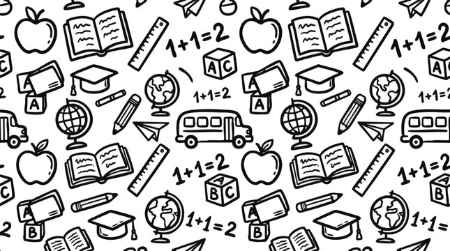 black and white chalkboard school seamless pattern with hand drawn math science and stationery icons for educational background