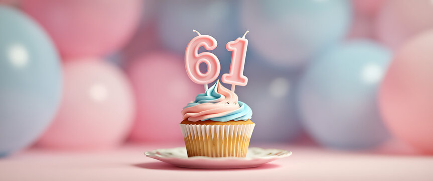 Sweet Celebration Cupcake with a Pink Number 61 Candle Against a Softly Blurred Balloon Background