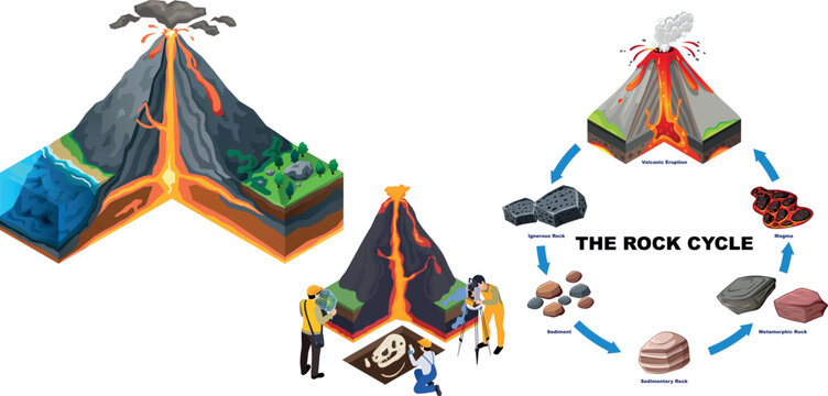 Earth Science Isometric Composition with Geologists Exploring Volcano Seismology and Petrology Vector Illustration