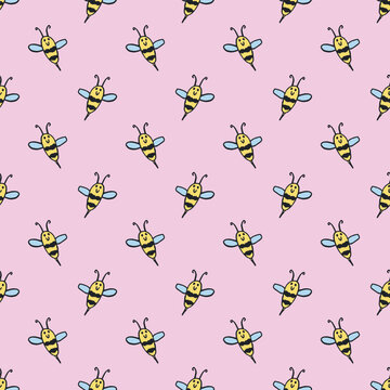 Seamless pattern with hand drawn happy funny cute honey bee Adorable flying striped insect friendly kawaii bumble bee For kids print, wrapping paper, packaging, fabric