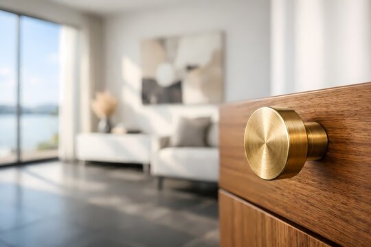 Shiny round brass metal knob attached to a dark wooden drawer front. High quality photo ideal for commercial marketing, design editorials, and modern home lifestyle backgrounds.