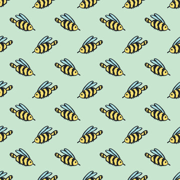 Seamless pattern with hand drawn happy funny cute honey bee Adorable flying striped insect friendly kawaii bumble bee For kids print, wrapping paper, packaging, fabric