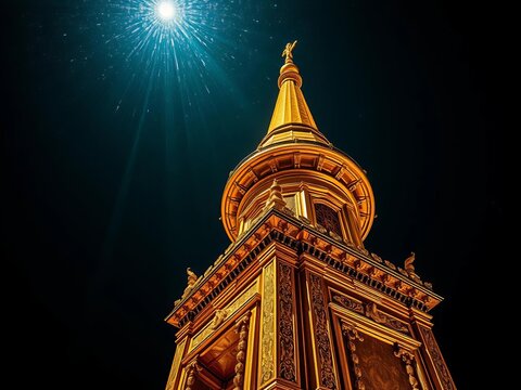 Gilded sentinel under a starry dome, a timeless structure catching celestial fire, darkness alive with possibility,  sentinel,  top view