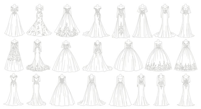 Collection of Various Wedding Dresses.