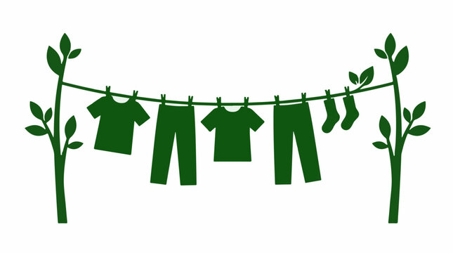 Green t shirts pants and socks drying on clothesline with trees