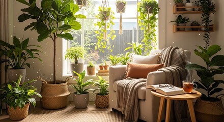 Fototapeta premium Cozy Living Room Interior with Armchair and Potted Houseplants